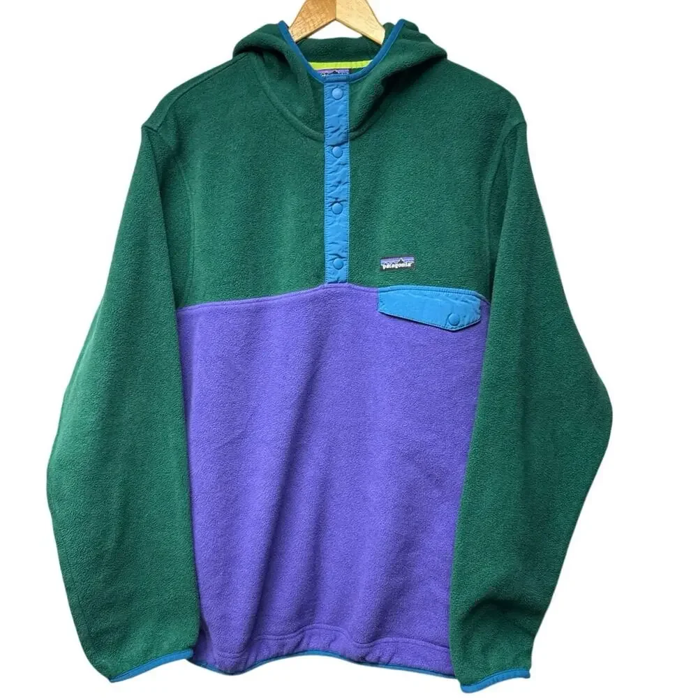 Patagonia Men’s Size Large Synchilla Snap-T Hoodie Green Purple Blue Fleece Gorp